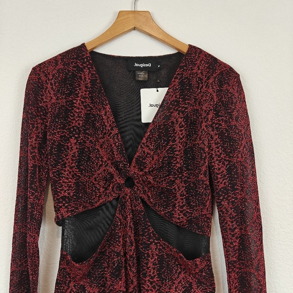 Desigual NWT Slim Fit Long Sleeve Cut Out V-neck Metallic Red Bodysuit Size M - Picture 9 of 15